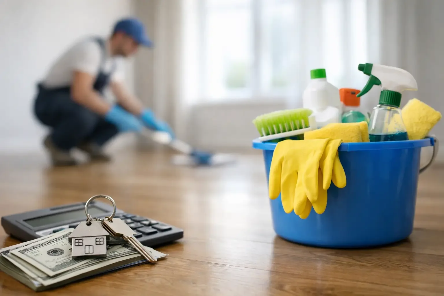Cleaning supplies in a blue bucket with yellow gloves, cash and house keys on a calculator, while a cleaner works in the background, illustrating end of lease cleaning costs and professional property maintenance services.